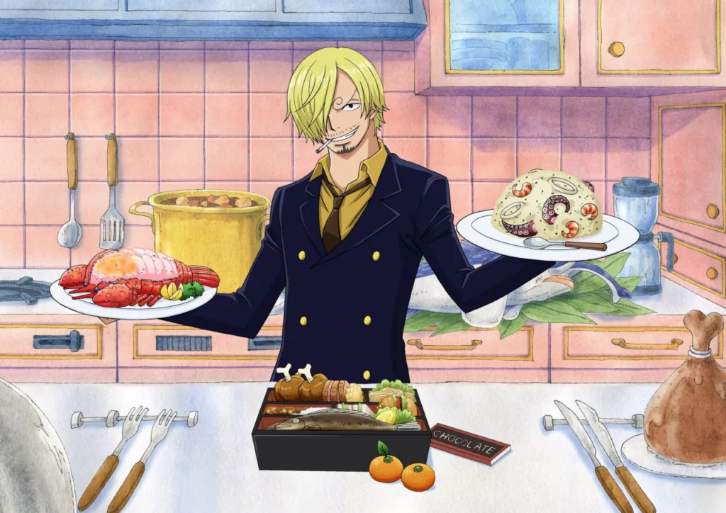 Sanji, personagem de "One Piece", está em uma cozinha, vestindo um terno azul escuro. Ele segura dois pratos: um com uma lagosta e outro com uma sobremesa decorada com polvo e camarão. Ao fundo, a cozinha é rosa com armários azuis, e na bancada à frente dele há uma marmita japonesa, uma barra de chocolate e tangerinas.