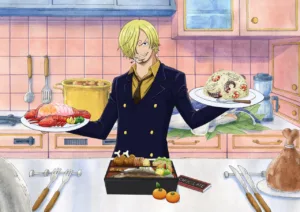Sanji, personagem de "One Piece", está em uma cozinha, vestindo um terno azul escuro. Ele segura dois pratos: um com uma lagosta e outro com uma sobremesa decorada com polvo e camarão. Ao fundo, a cozinha é rosa com armários azuis, e na bancada à frente dele há uma marmita japonesa, uma barra de chocolate e tangerinas.